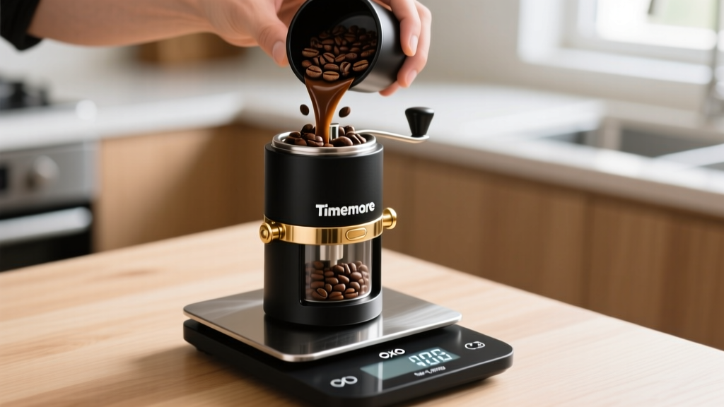 Hands pouring dark roast coffee beans into a black Timemore C3 manual grinder resting on an OXO stainless steel digital kitchen scale