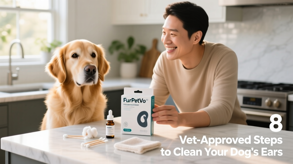 Happy dog sitting calmly beside owner holding FurPetVo ear care kit on a clean surface