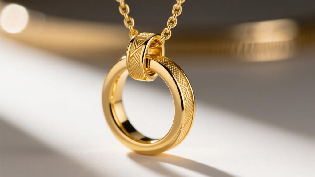 Macro photography of a 14k yellow gold jump ring linking an ear chain to a necklace clasp, highlighting the metal texture