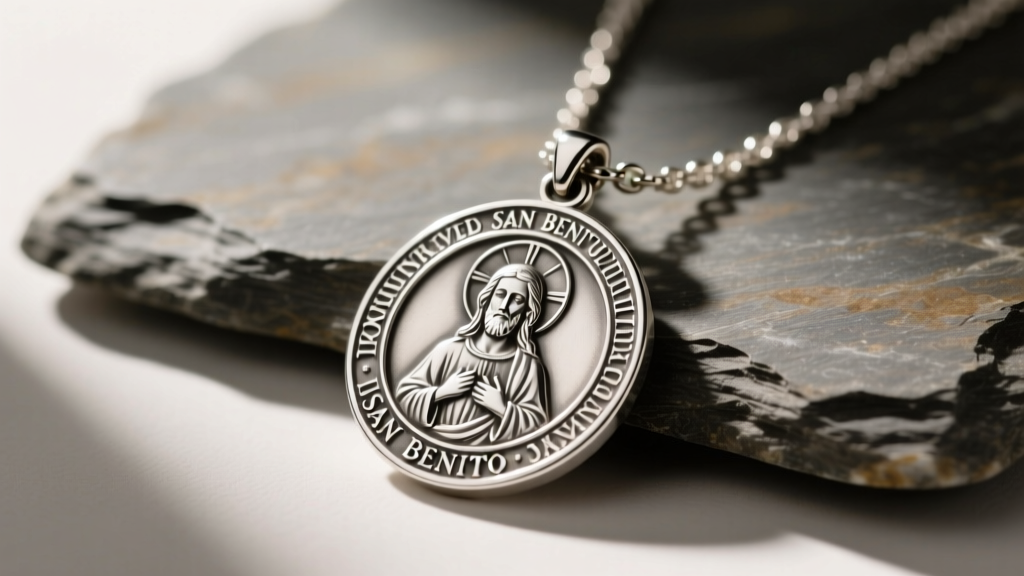 Sterling silver San Benito medal necklace on slate, highlighting detailed Latin text and saint portrait under soft studio lighting