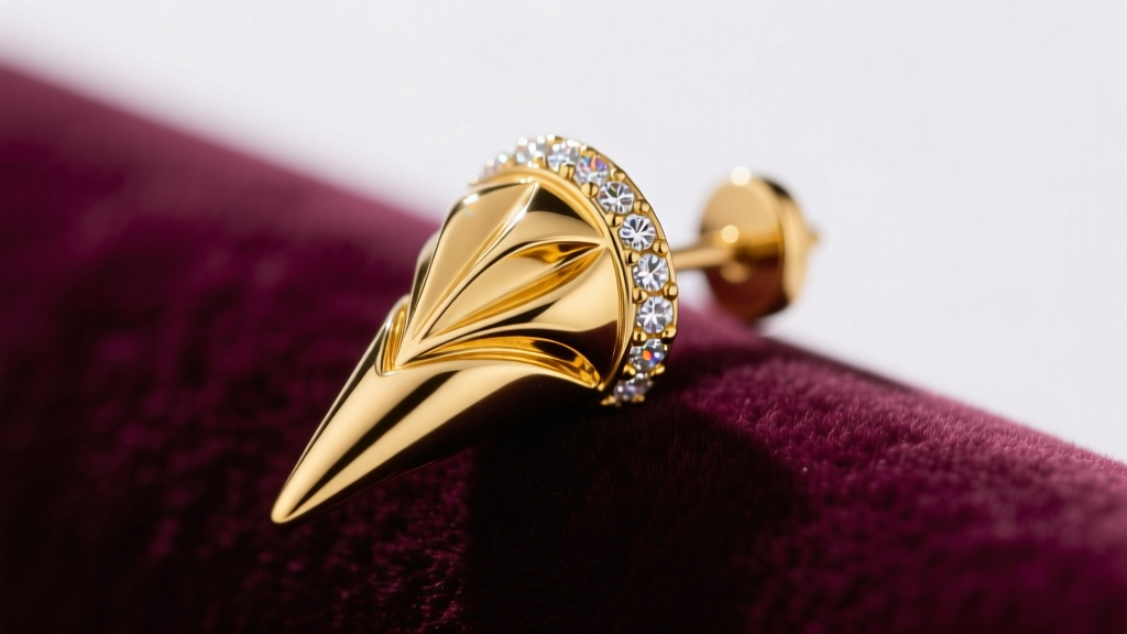 Macro view of an 18k yellow gold nail earring on velvet, highlighting the sculpted nail head and micro-pavé diamond details.