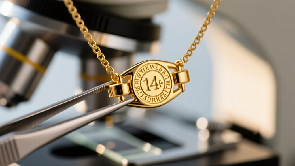 Macro view of a 14k gold necklace clasp with a hallmark stamp, held by tweezers against a blurred microscope in a gem lab