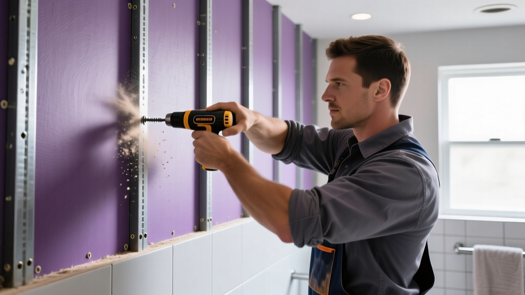Contractor driving corrosion-resistant screws into purple-faced moisture-resistant drywall on metal studs during bathroom remodel