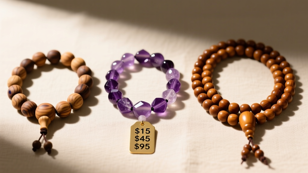 Flat lay of three mala necklaces: cheap dyed wood, mid-range amethyst, and premium sandalwood, with a brass pricing tag nearby.