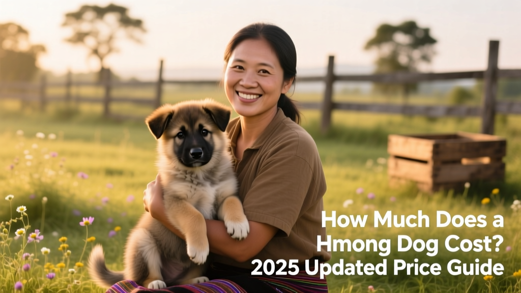 A breeder gently holding a calm, well-socialized Hmong Dog puppy while smiling at the camera in a clean, natural outdoor setting