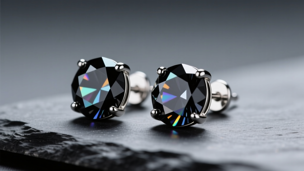 Macro shot of 6mm faceted black crystal stud earrings in rhodium silver, resting on dark slate under soft, moody studio lighting.