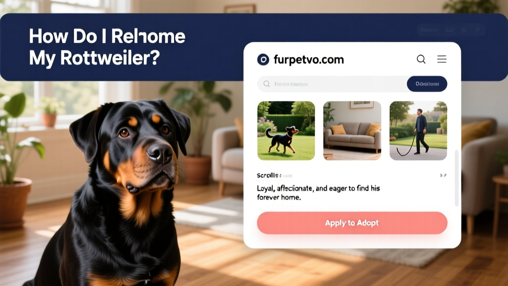 Screenshot-style graphic showing a friendly Rottweiler profile page on furpetvo.com, with photos, bio, and 'Apply to Adopt' button