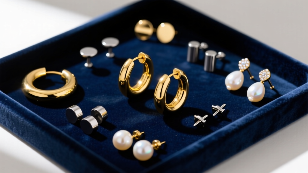Flat lay of diverse earring styles including gold huggies, titanium studs, and pearl drops on a dark velvet jewelry display tray.