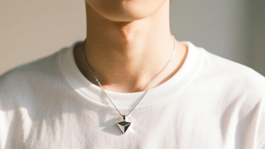 Close-up of a student wearing a minimalist 316L stainless steel pendant necklace over a white t-shirt in bright morning light.