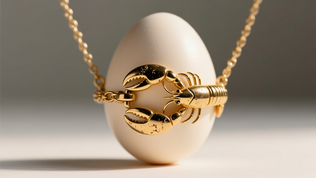 Close-up of a Joan Rivers costume egg necklace clasp and chain, highlighting gold-tone plating wear and the lobster clasp