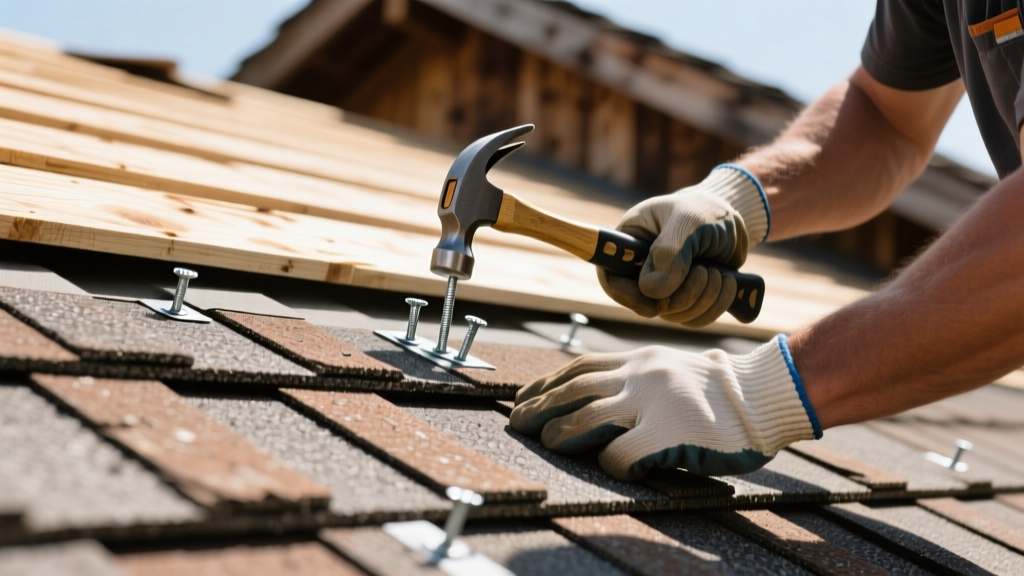 Close-up of architectural asphalt shingles in weathered wood color being nailed to a plywood roof deck by a roofing contractor