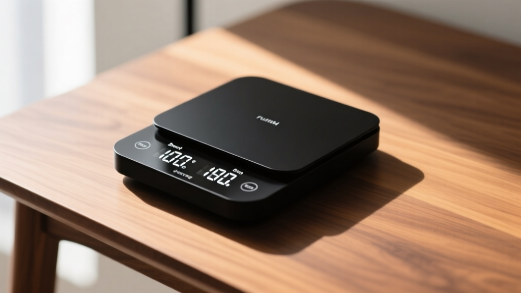 A matte black smart coffee scale featuring a digital timer displaying exact grams and seconds on a wooden desk