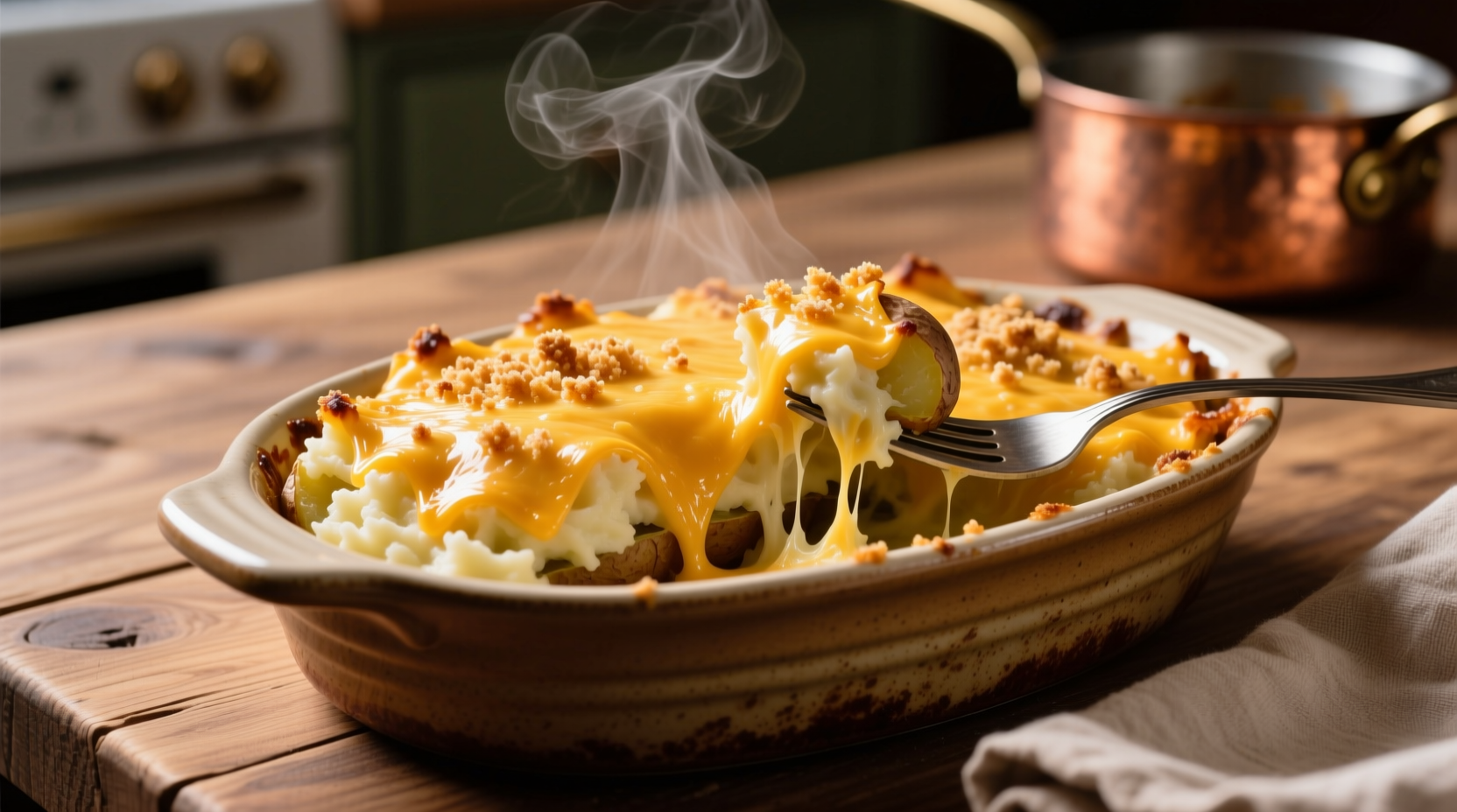 Golden baked potato casserole with melted cheese
