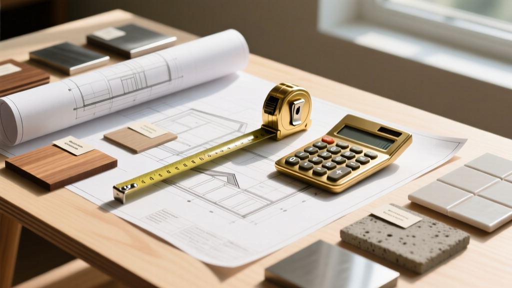 Architectural blueprints spread across a plywood table with a measuring tape, brass calculator, and material samples for a custom home build