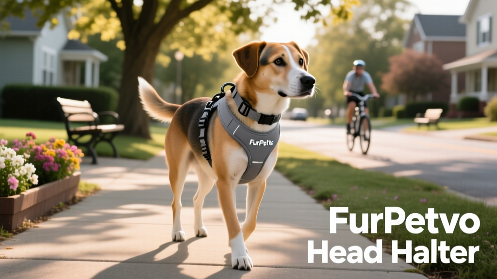 A calm, medium-sized dog wearing a properly fitted FurPetVo head halter during a relaxed neighborhood walk