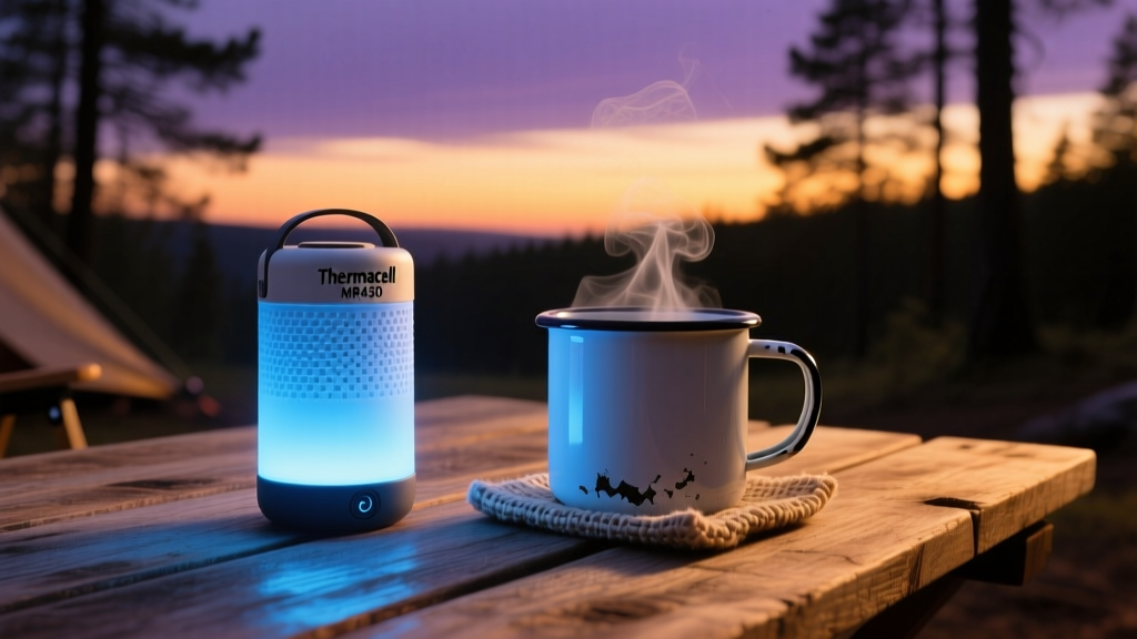 Thermacell MR450 mosquito repeller emitting a faint blue glow on a camping table next to a steaming enamel coffee mug at dusk