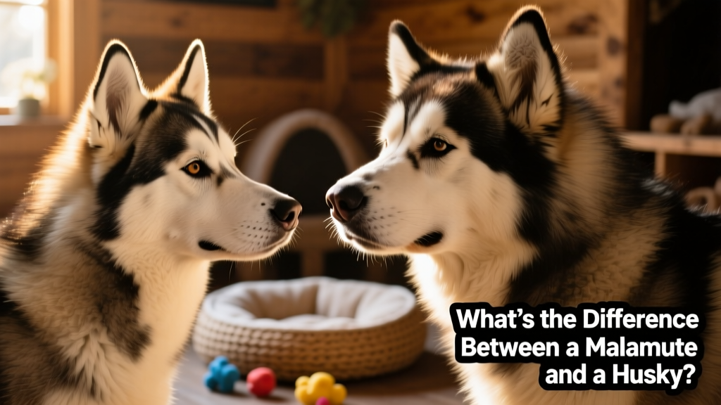 Close-up portrait showing side-by-side head differences: Husky's narrow snout and Malamute's broad muzzle