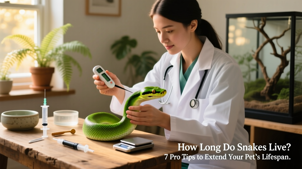 Veterinarian gently examining a snake during a routine wellness visit, with digital thermometer and hydration assessment tools visible