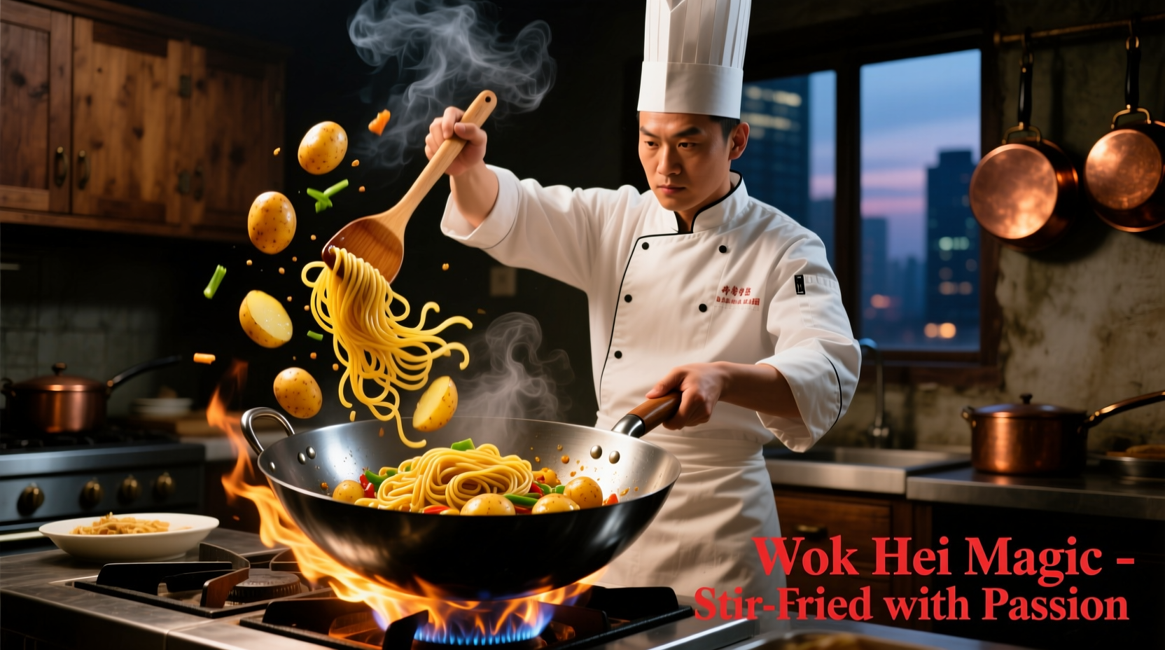 Chef preparing potato and noodle stir-fry in wok