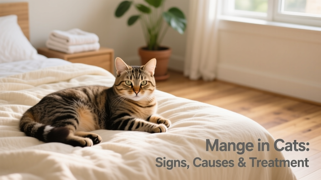 Cat resting comfortably on a clean, cozy bed with soft lighting—illustrating supportive care during recovery