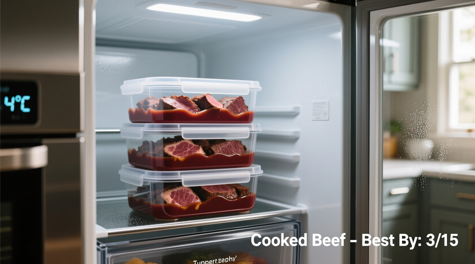 Cooked beef storage containers in refrigerator