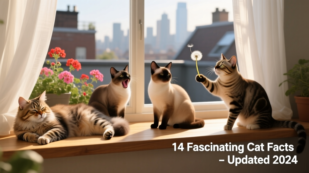 A diverse group of domestic cats lounging together on a sunlit windowsill