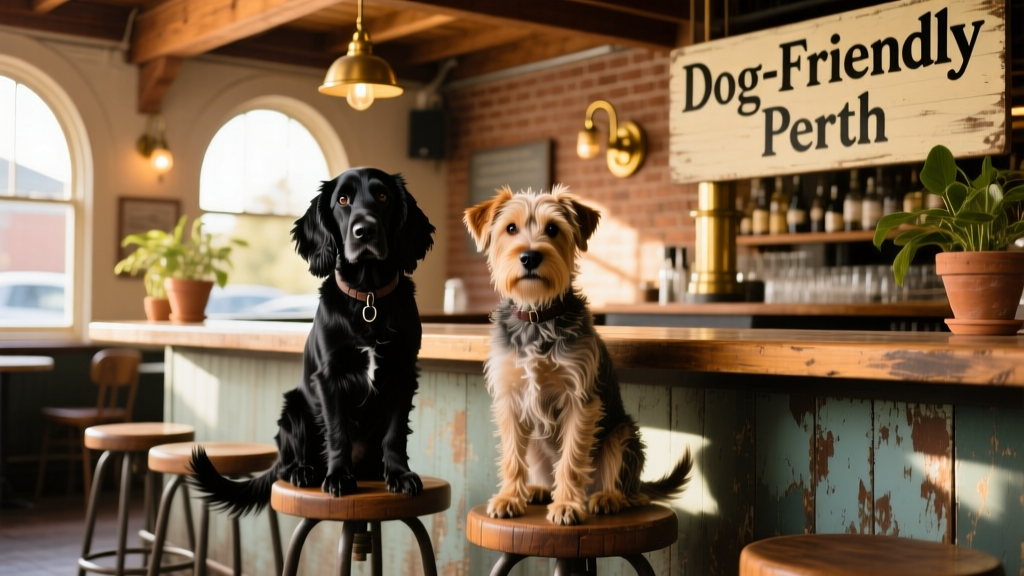 A black spaniel and terrier sitting calmly on bar stools in front of a rustic bar
