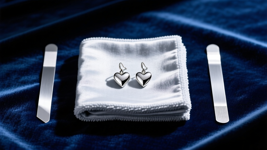 Flat lay of silver cleaning supplies with a microfiber cloth, anti-tarnish strips, and silver heart dangle earrings on velvet.