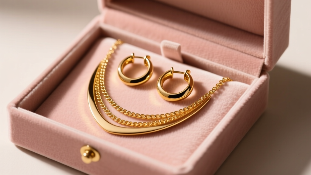 Open gift box revealing a layered gold plated necklace and hoop earrings on blush velvet, bathed in soft warm studio lighting