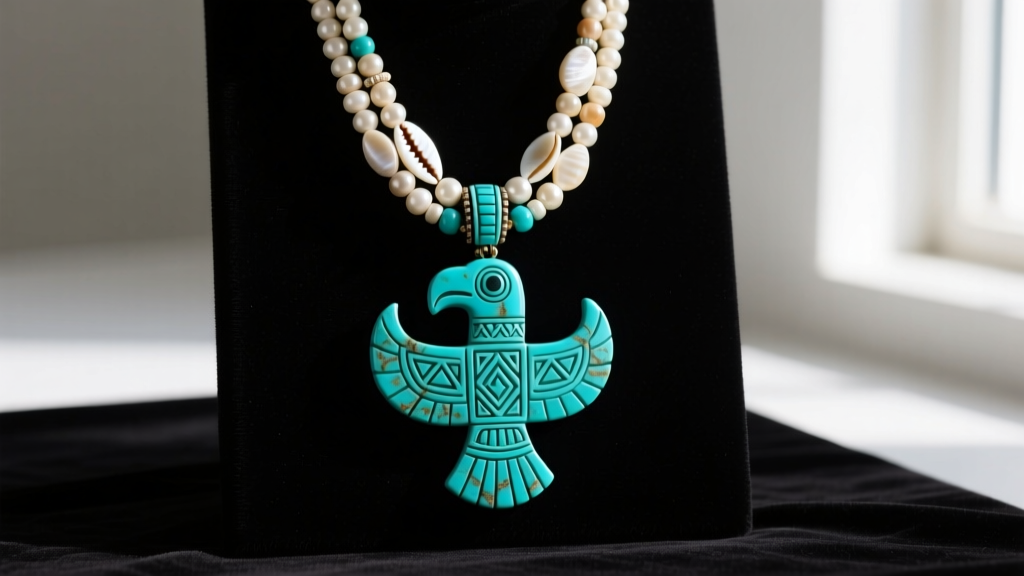 Hand-carved turquoise Santo Domingo thunderbird pendant on multi-strand shell heishi beads, displayed on dark velvet.