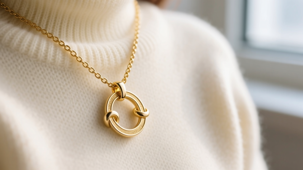 Macro shot of a 14k gold box chain and interlocking circles pendant on a cream sweater, symbolizing a close father-daughter bond.