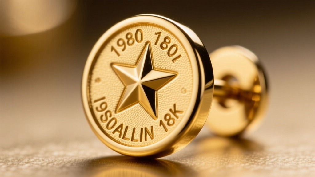 Macro shot of a 1980s Italian 18k gold hallmark revealing the star symbol and province code engraved deeply on a thick earring post