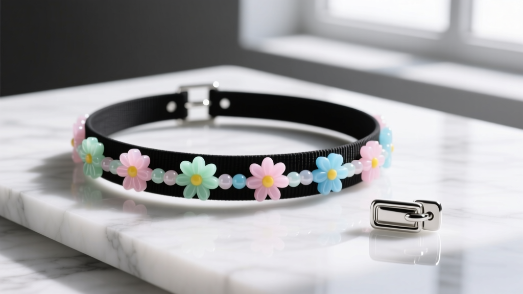 Black elastic tattoo choker interwoven with pastel resin daisy beads on a white marble surface next to a polished silver clasp.