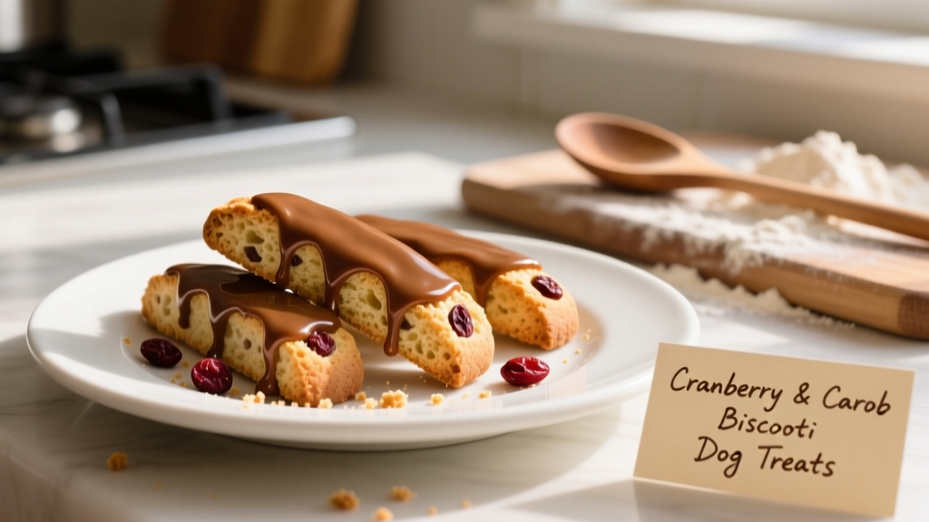 Close-up of freshly baked dog biscotti with glossy carob drizzle on a clean white plate