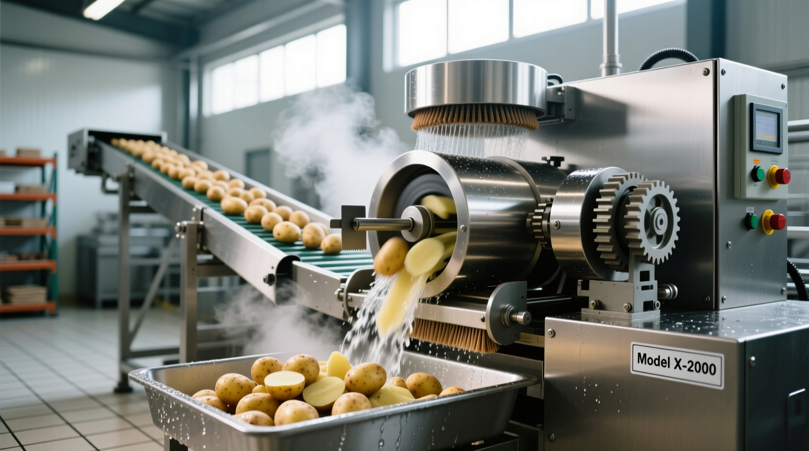 Commercial potato peeling machine in operation