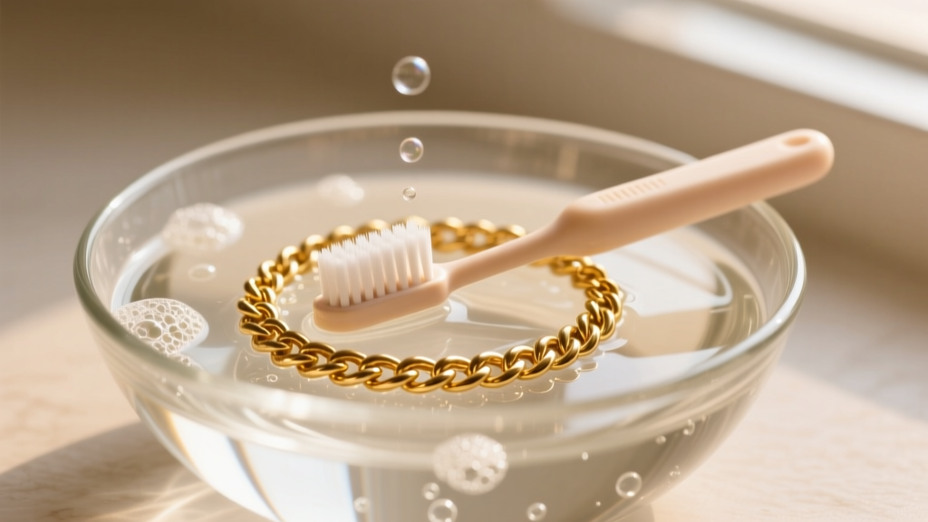 Soft baby toothbrush gently scrubbing a soapy 14K gold rope chain in a glass bowl of distilled water and mild dish soap solution