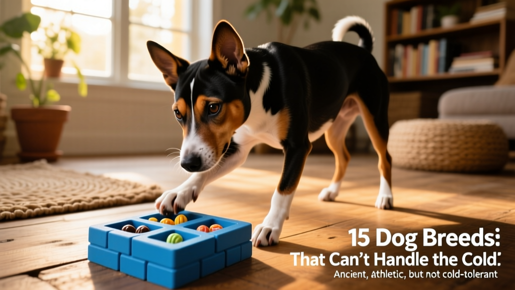 A Basenji intently working on a blue brick puzzle toy with treats visible inside