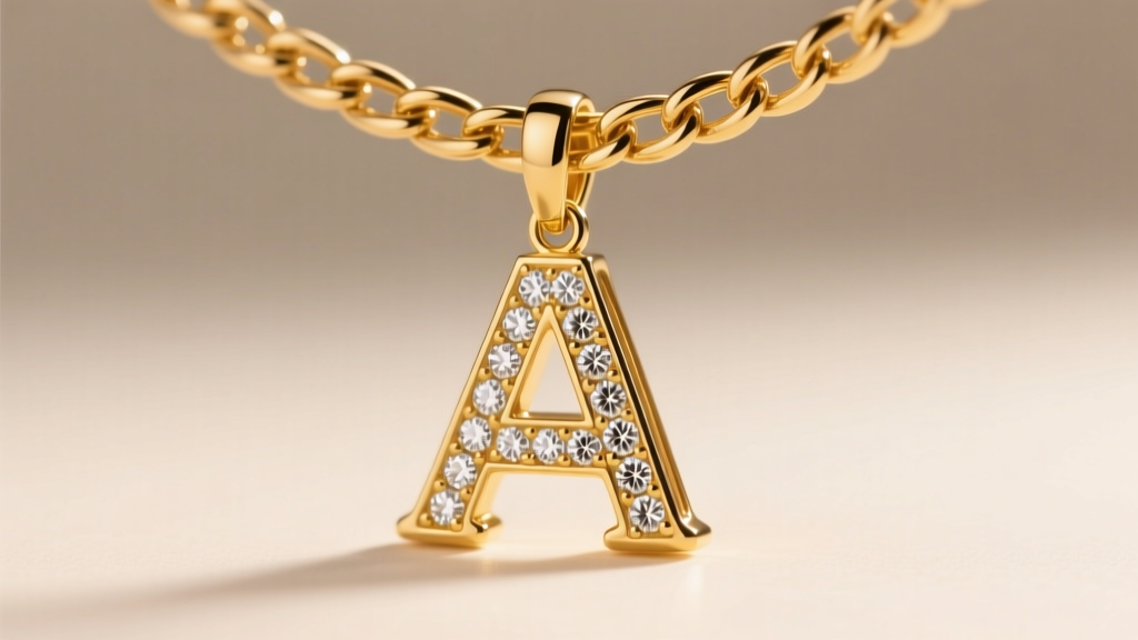 Macro shot of an 18k yellow gold letter A pendant with pavé diamonds resting on a heavy 5mm Cuban link chain in warm lighting
