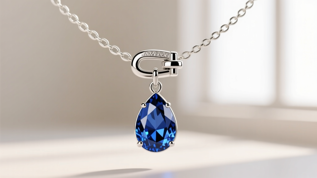 Macro photography of a platinum hidden bale attachment securing a teardrop sapphire pendant on a delicate white gold chain