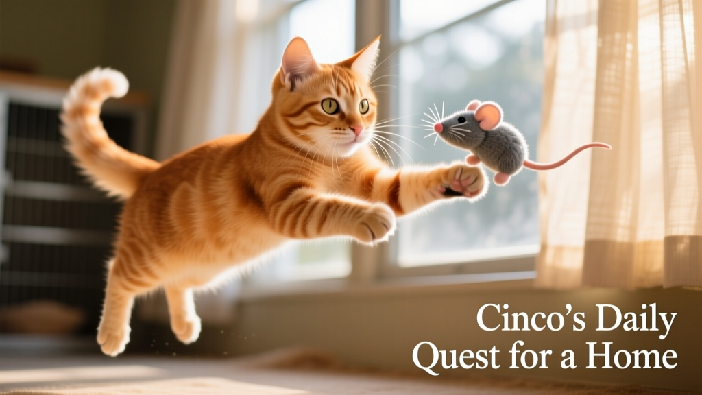 Cinco playing with a small plush mouse toy, paws mid-air in playful pursuit