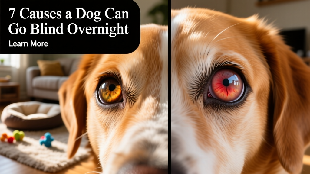 Side-by-side comparison: healthy dog eye vs. eye with glaucoma showing cloudiness and redness