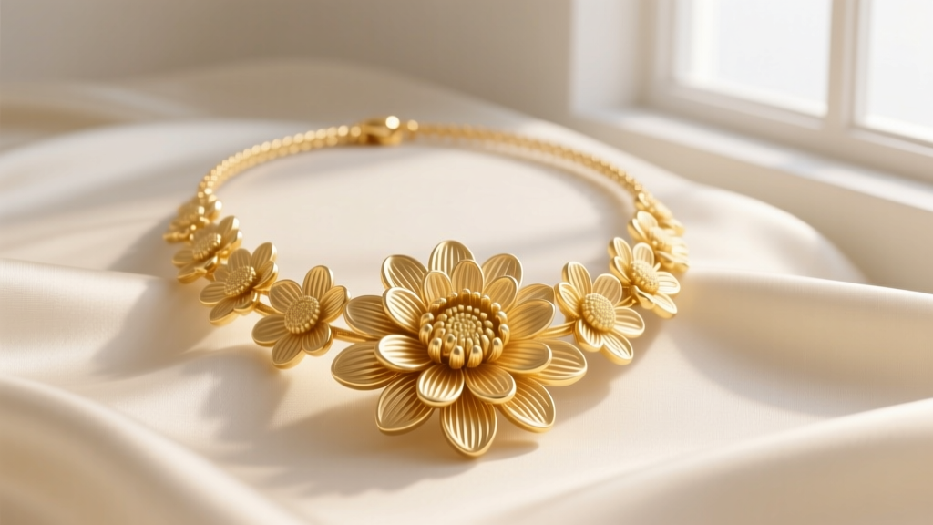 14k yellow gold chrysanthemum necklace on cream silk, highlighting intricate 16-petal engraving under soft natural lighting.