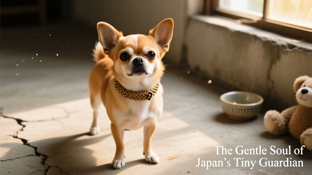 Japanese chin shot from above while standing on cement floor
