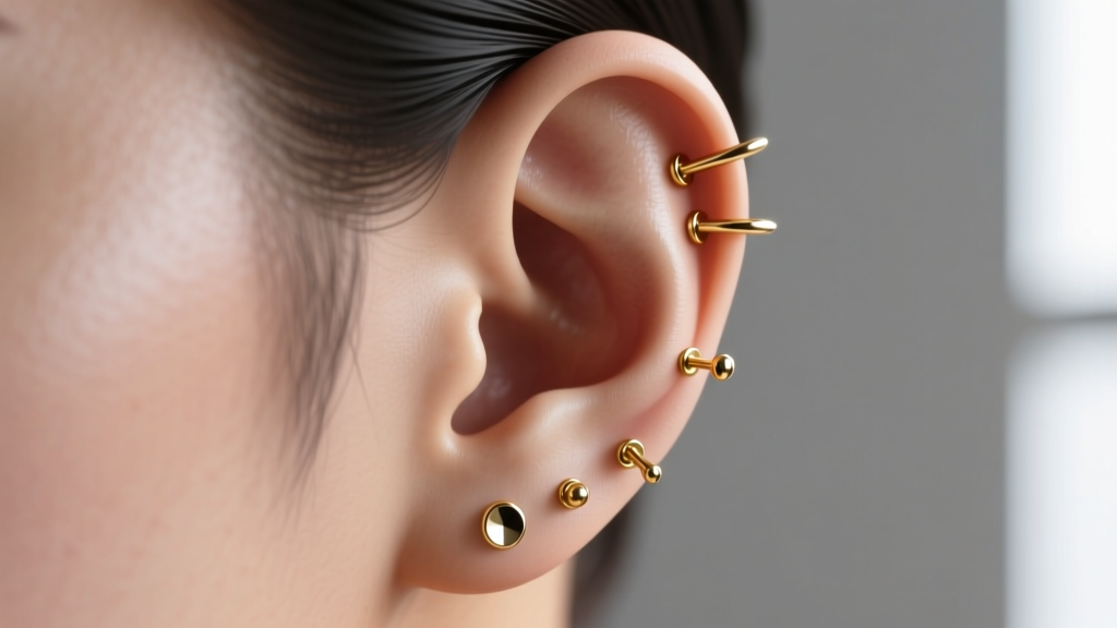 Side profile photograph highlighting lobe, helix, and tragus piercings adorned with delicate 18-gauge solid gold cartilage studs.