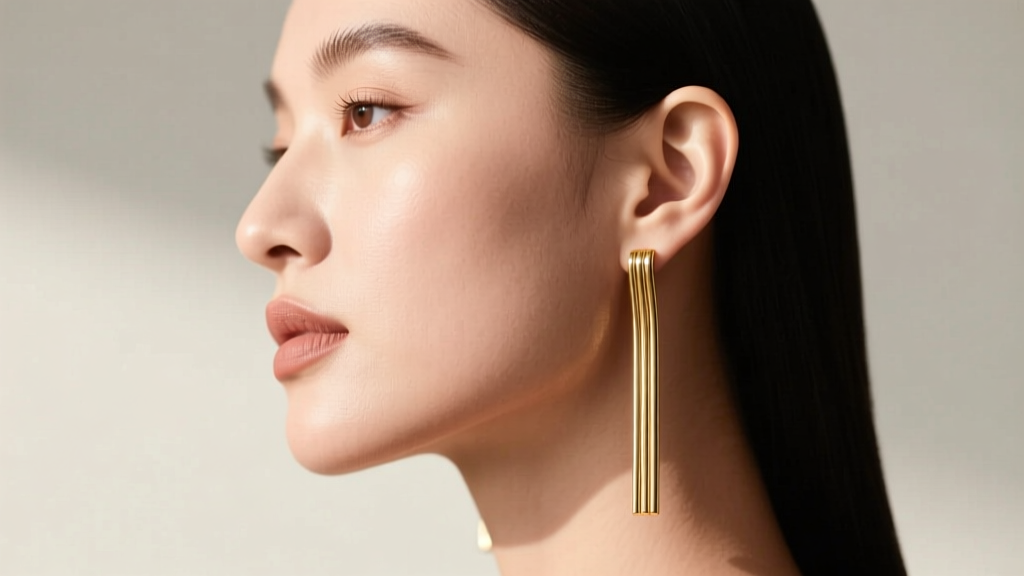 Side profile of a woman with a round face shape wearing long, linear 14-karat gold dangling earrings that elongate her jawline.