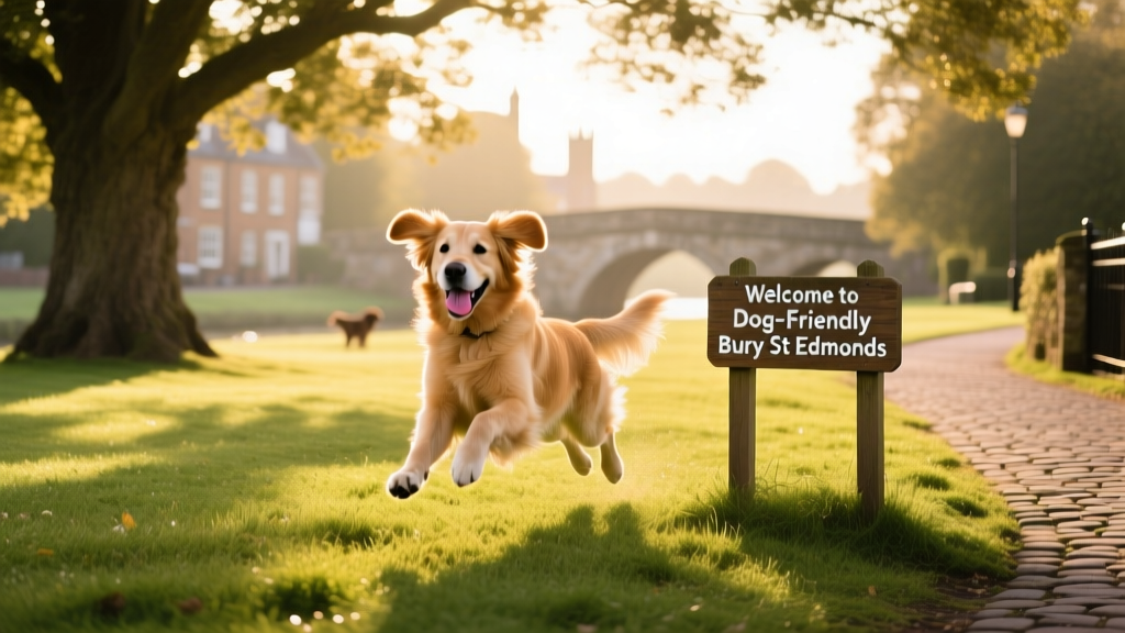 A dog playing freely in a sun-dappled, grassy dog park in Bury St Edmunds