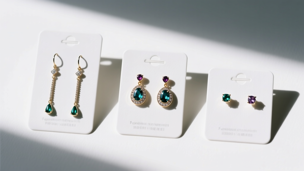 Top-down view comparing three sizes of earring display cards holding long dangles, medium drops, and small studs side by side.