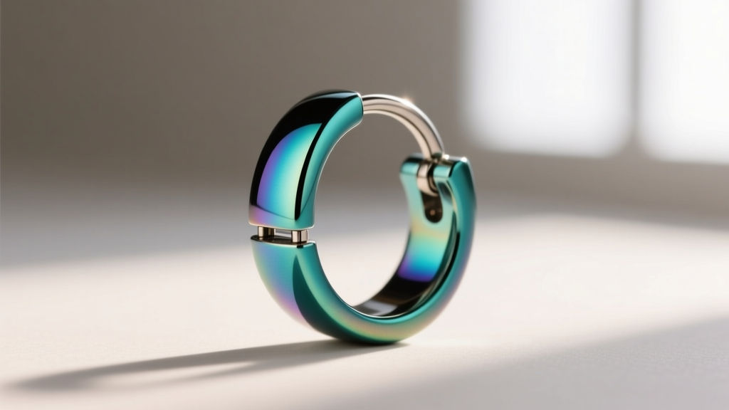 Macro shot of an anodized niobium ear cuff in iridescent teal, highlighting a seamless hinge mechanism and smooth polished finish.