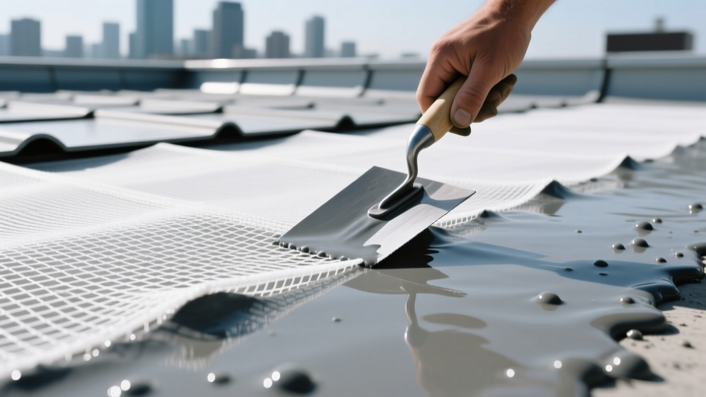 White polyester reinforcing mesh embedded into wet gray liquid elastomeric roof coating using a trowel on a flat commercial roof