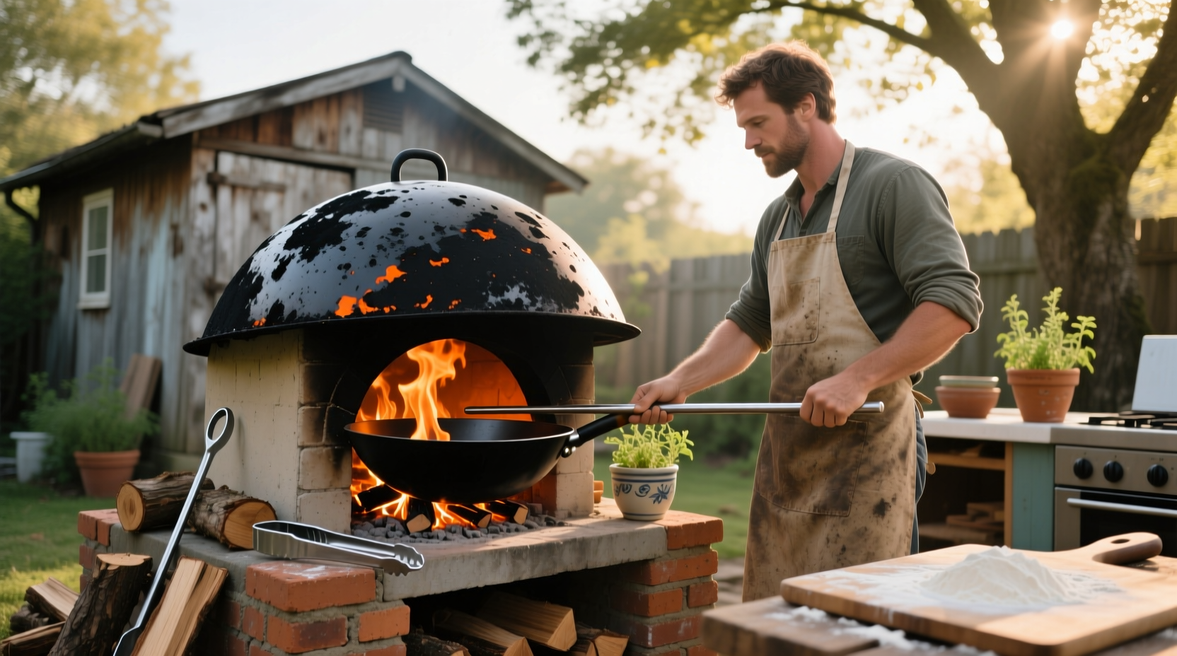 man uses inverted wok to create hacked diy home pizza oven